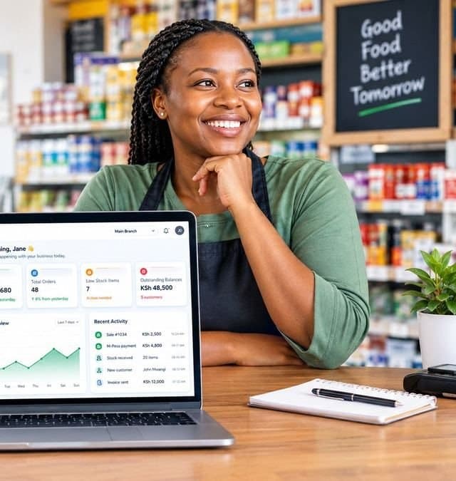 Shop owner reviewing her sales on the HeriBMS dashboard