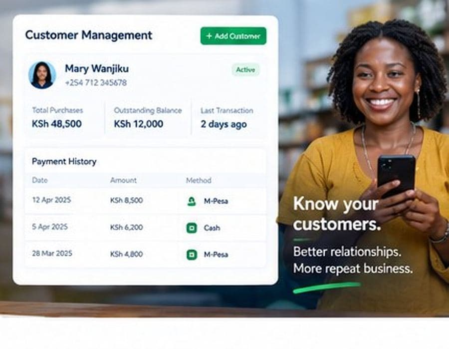 Business owner smiling at her phone beside a customer record with an outstanding balance and payment history