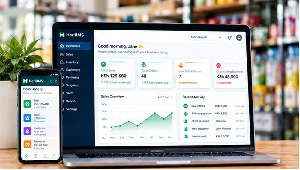 HeriBMS dashboard showing sales, stock alerts and recent activity