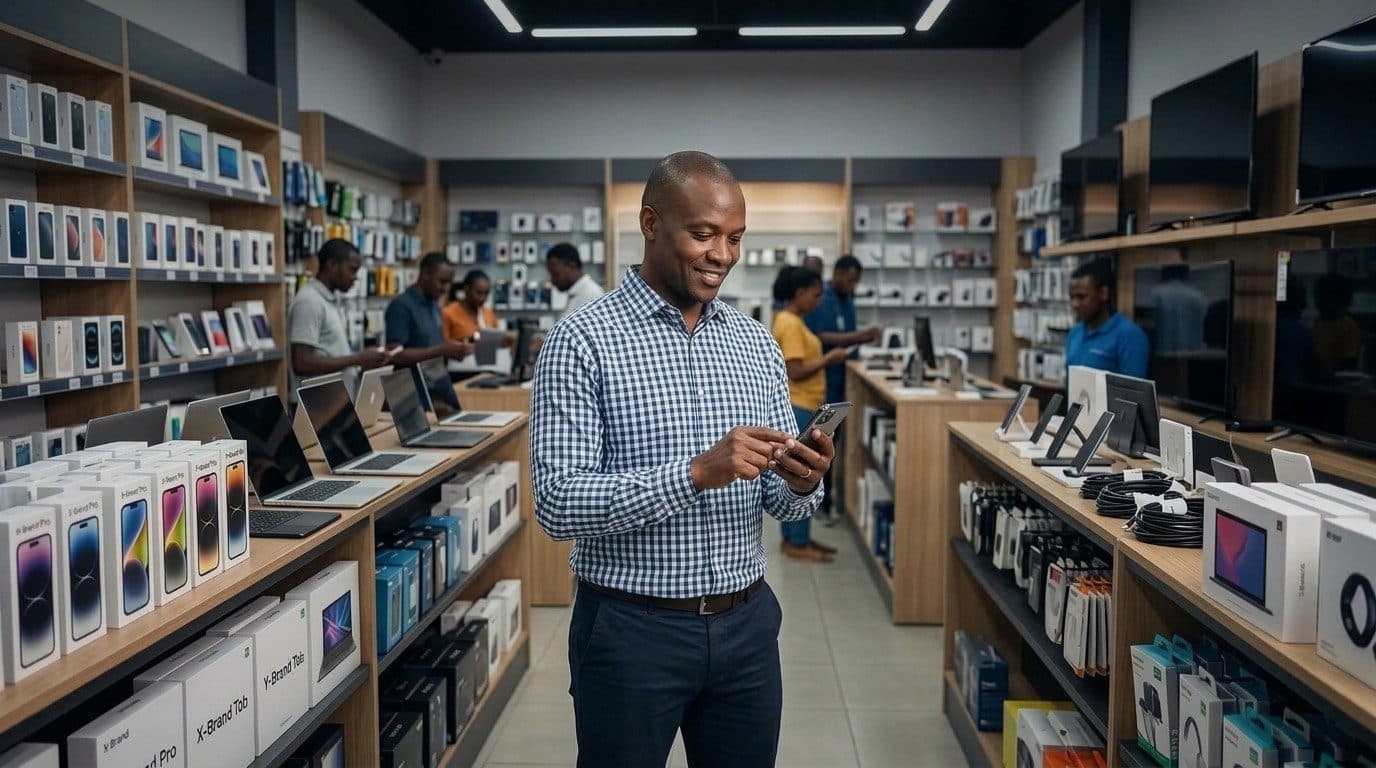 Electronics shop owner checking HeriBMS on his phone while his staff serve customers