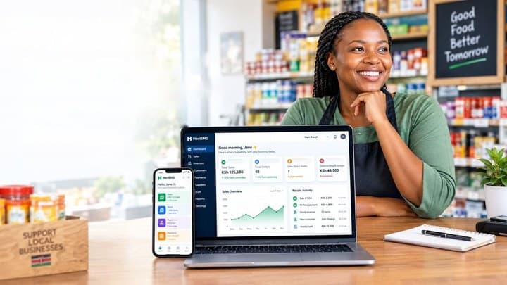 Shop owner at her counter with the HeriBMS dashboard on a laptop and phone