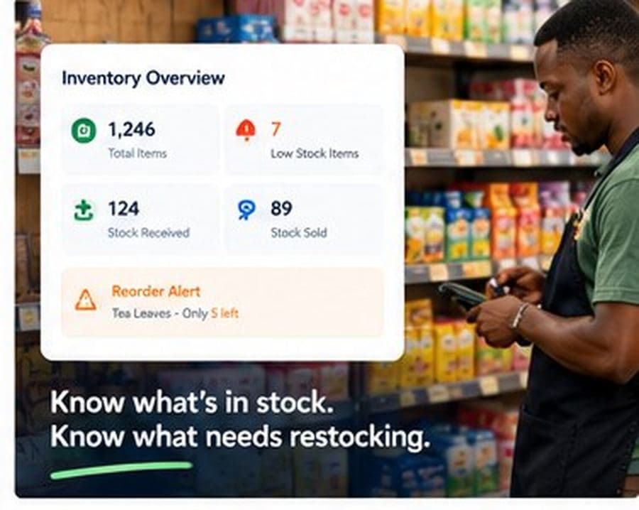 Inventory overview with a reorder alert beside a shop attendant