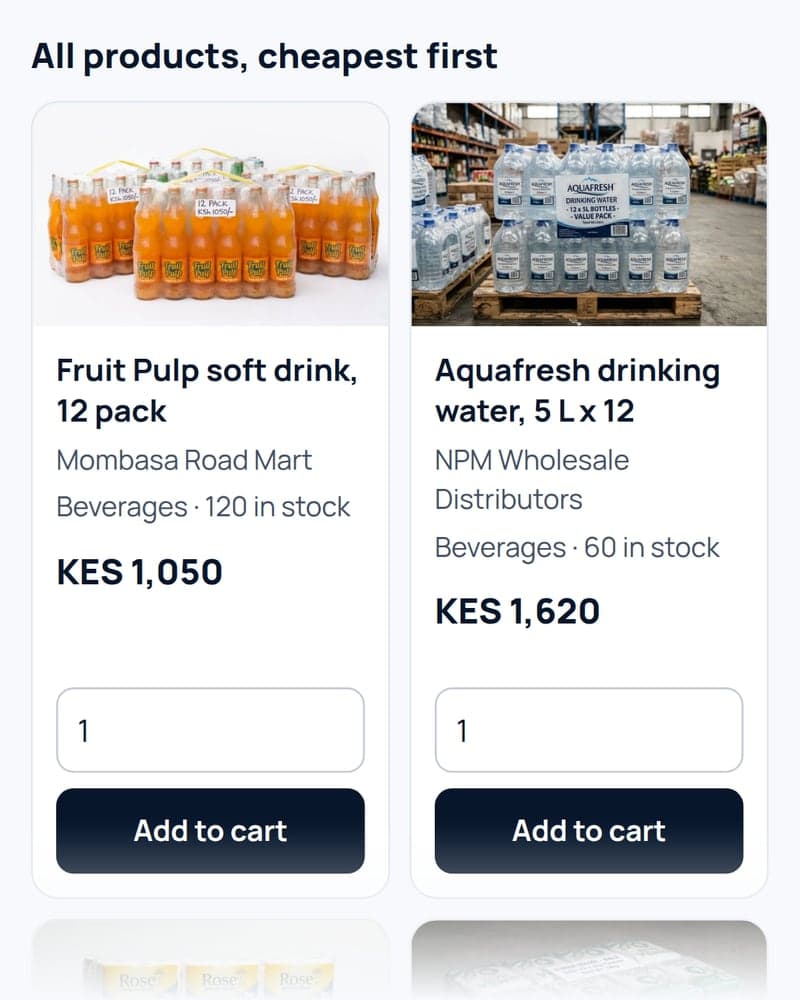 The HeriBMS marketplace: product photos from several suppliers, cheapest first, with offers and Add to cart