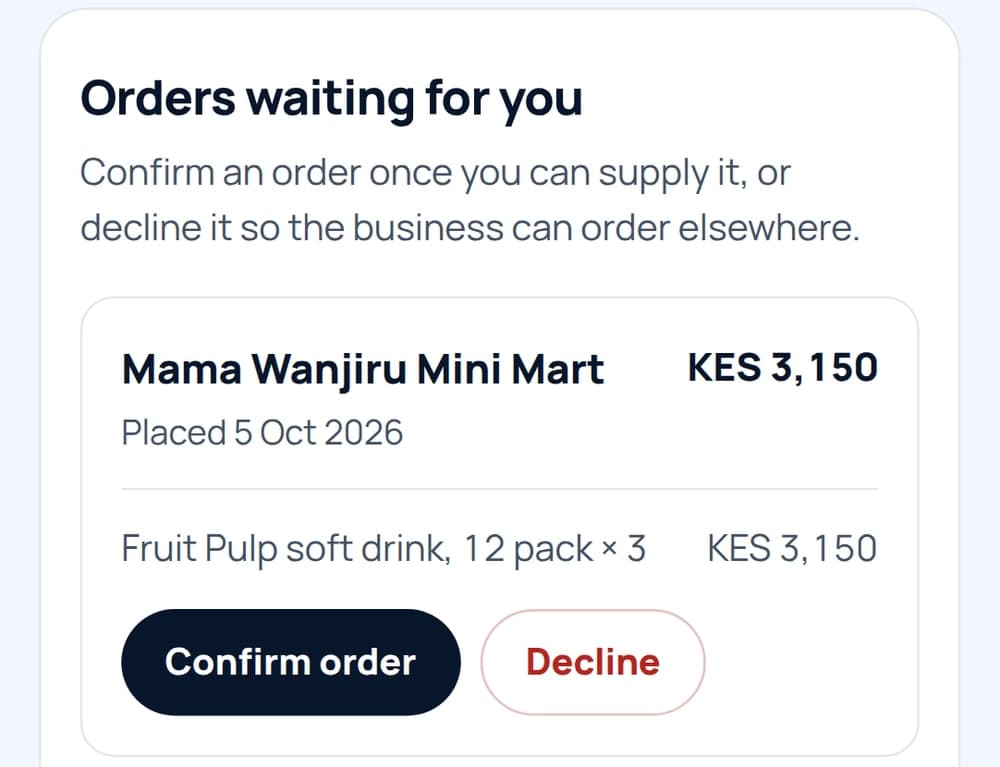 A supplier's view of a new order from a shop, with Confirm order and Decline