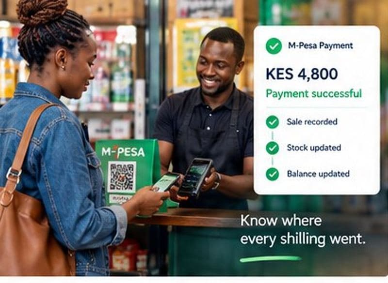Customer paying by M-Pesa at a shop counter